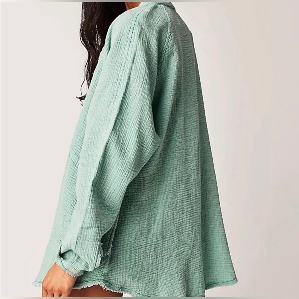 FREE PEOPLE Summer Daydream Tunic Button Blouse Top XL Teal Gauzy Spring - Picture 2 of 5